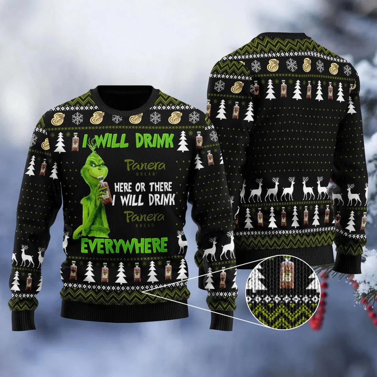 Panera Bread Grinch Will Drink Everywhere Ugly Christmas Sweater