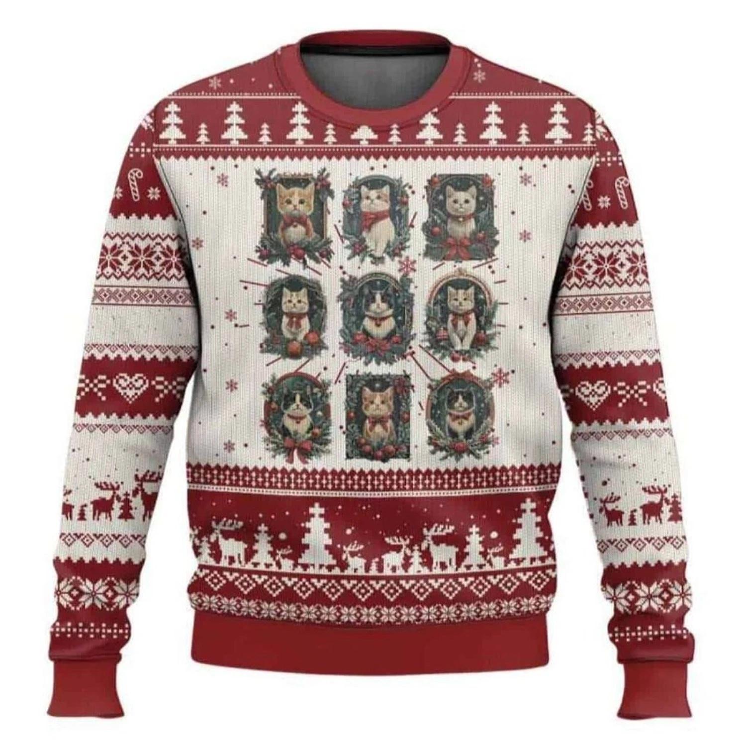 Vintage Kitten Victorian Holly Wreath Ugly Christmas Sweater