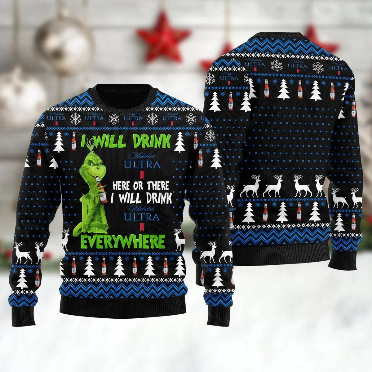 Michelob Ultra Grinch Will Drink Everywhere Ugly Christmas Sweater