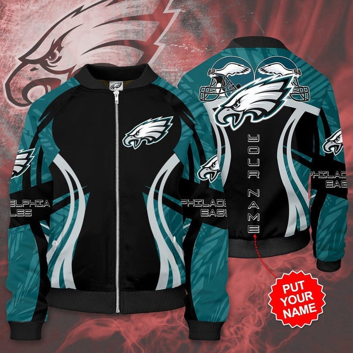 Philadelphia Eagles Custom Name Black Green Bomber Jacket