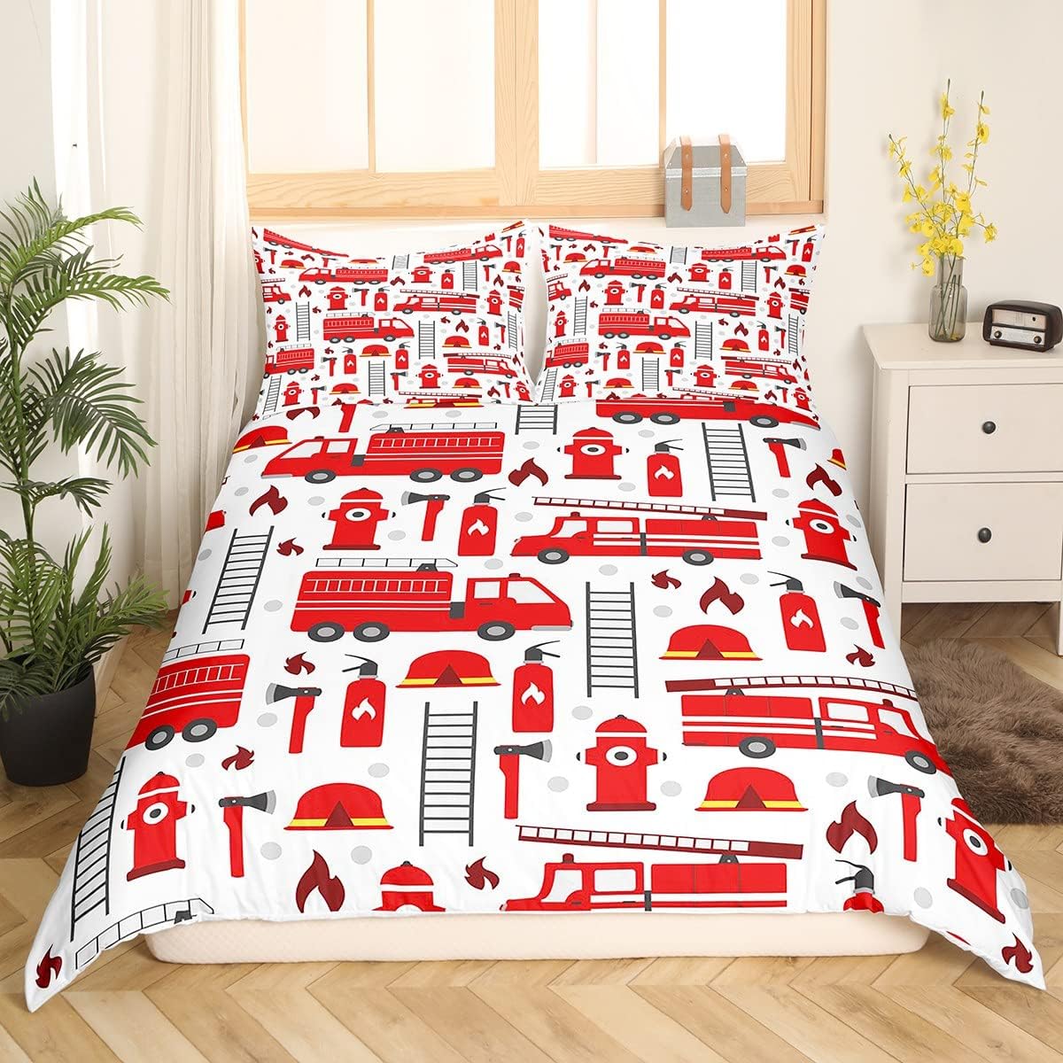 Firefighter Bedding Set Fire Truck Helmet Ladder Fire Extinguisher Pattern Duvet Covers White