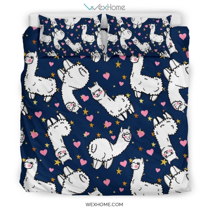 Llama Bedding Set Cute Llama Heart Shape Pattern Duvet Covers Blue