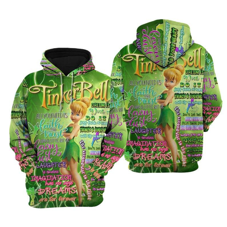 Cartoon Tinker Bell, Fairies Tinker Bell Punk Words Pattern All Over Print Hoodie, Zip Hoodie