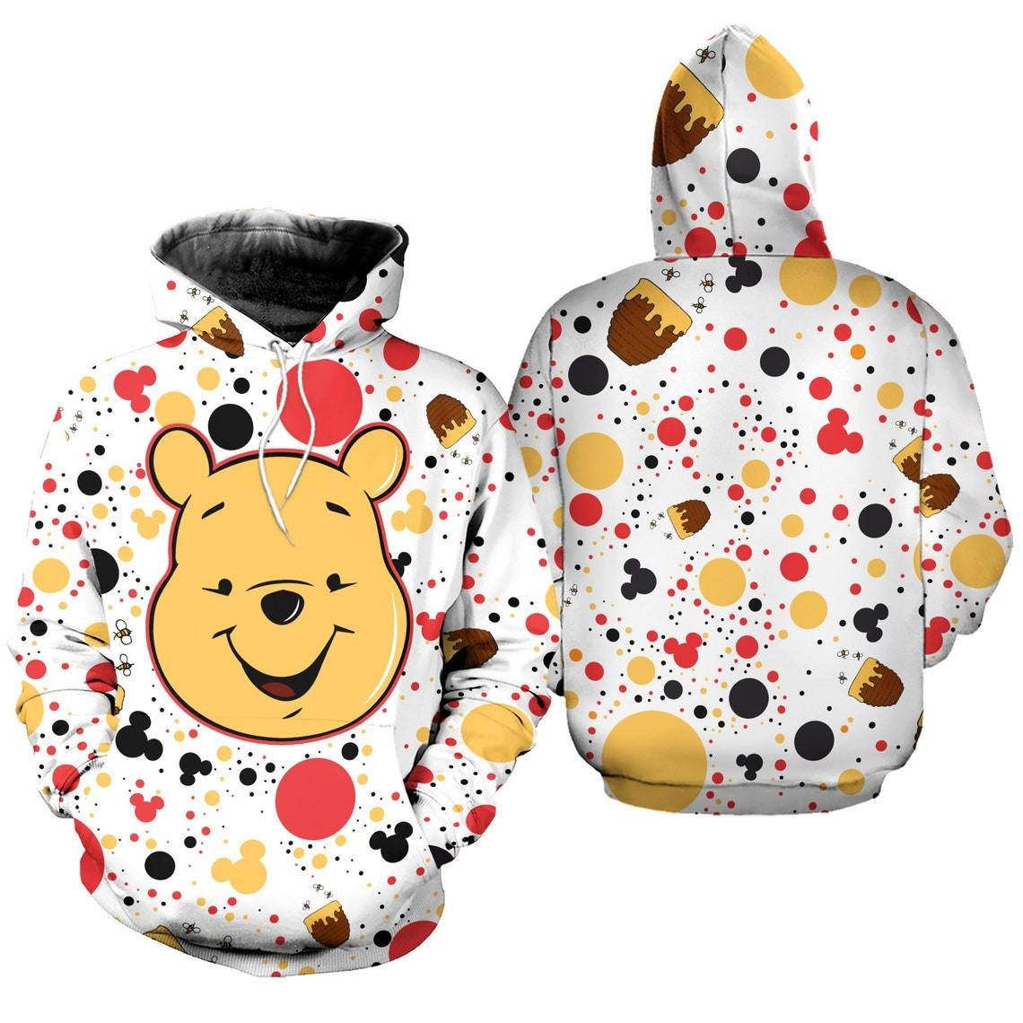 Winnie The Pooh Polkadot Pattern Cartoon Graphic Outfits Aop Hoodie, Zip Hoodie