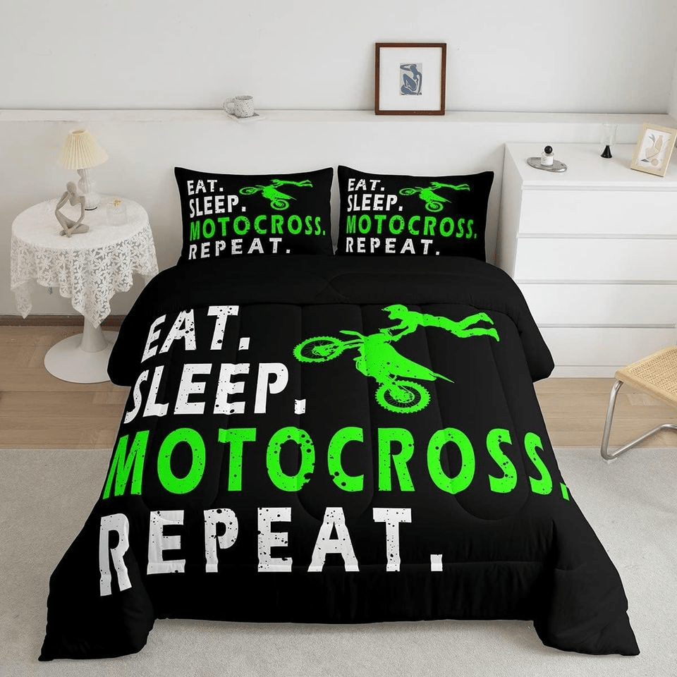 Motorcycle Bedding Set Eat Sleep Motocross Repeat Duvet Covers Black