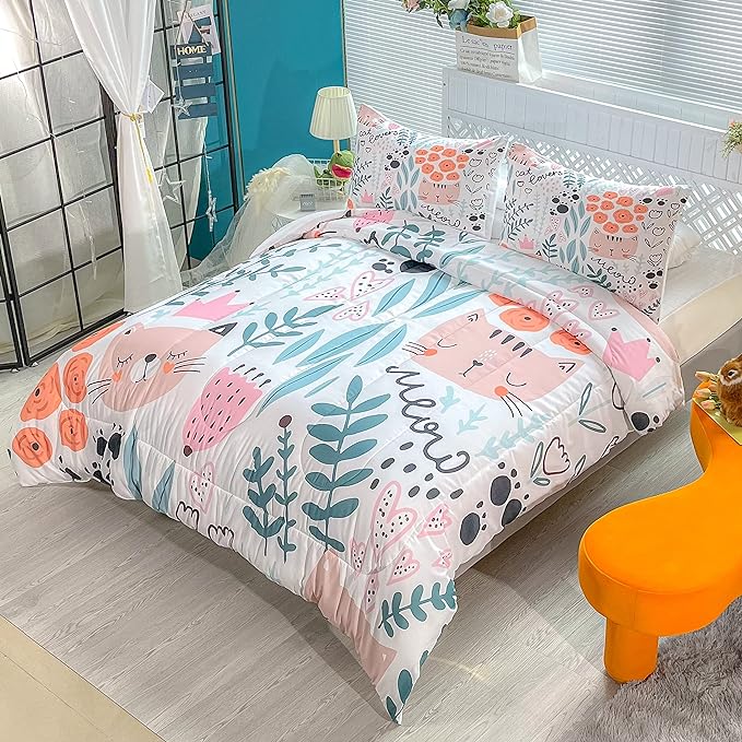 Cat Bedding Set Meow Cat Flower And Leaves Pattern Duvet Covers