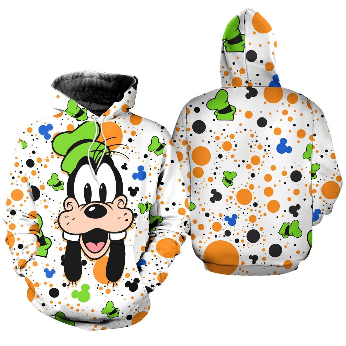 Goofy Dog Polkadot Pattern Cartoon Graphic Outfits Aop Hoodie, Zip Hoodie