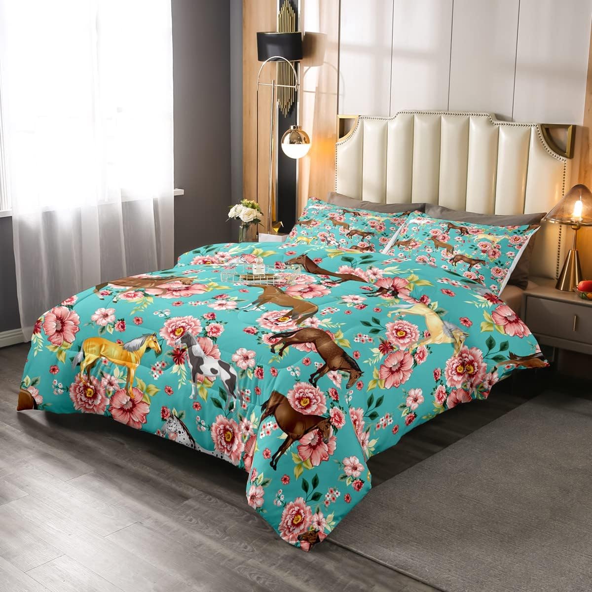 Horse Bedding Set All Types Of Horse Flower Pattern Duvet Covers Blue