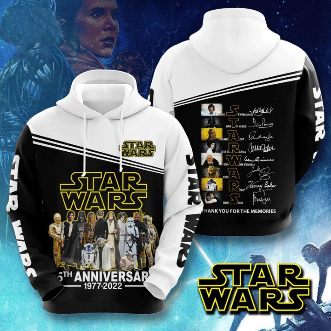 Star Wars Characters Signature Fan Gift, Star Wars 45th Anniversary 1977 2022 All Over Print Hoodie