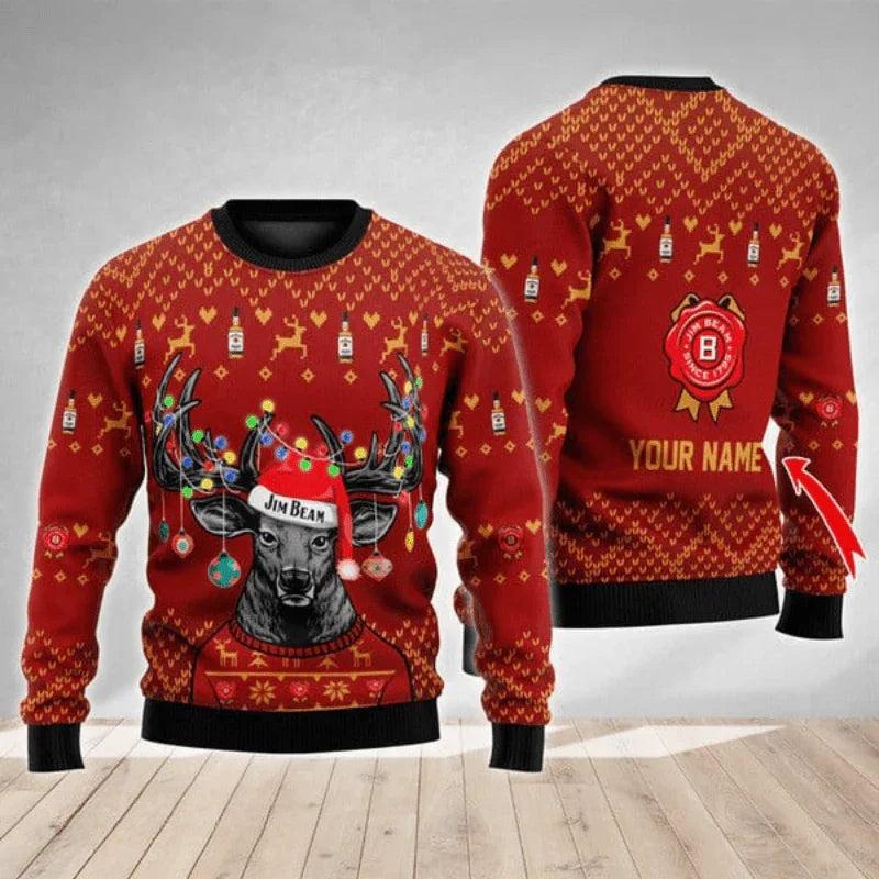 Personalized Jim Beam Christmas Reindeer String Lights Ugly Christmas Sweater