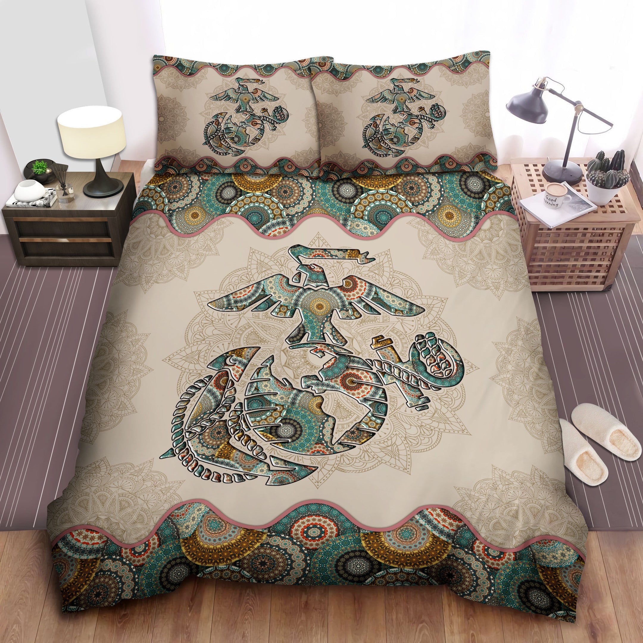 Veteran Bedding Set United States Marine Corps Symbol Mandala Duvet Covers