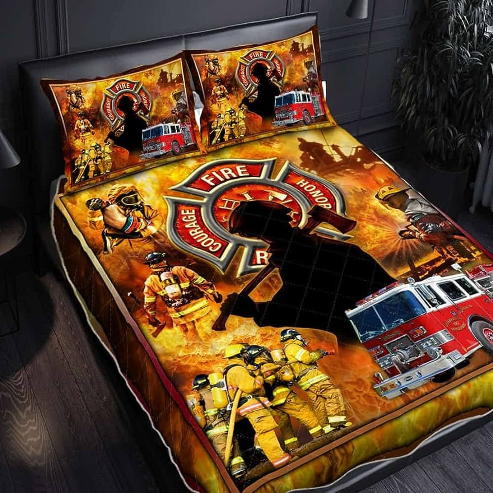 Firefighter Bedding Set Firefighter Silhouette Fire Truck Graphic Duvet Covers