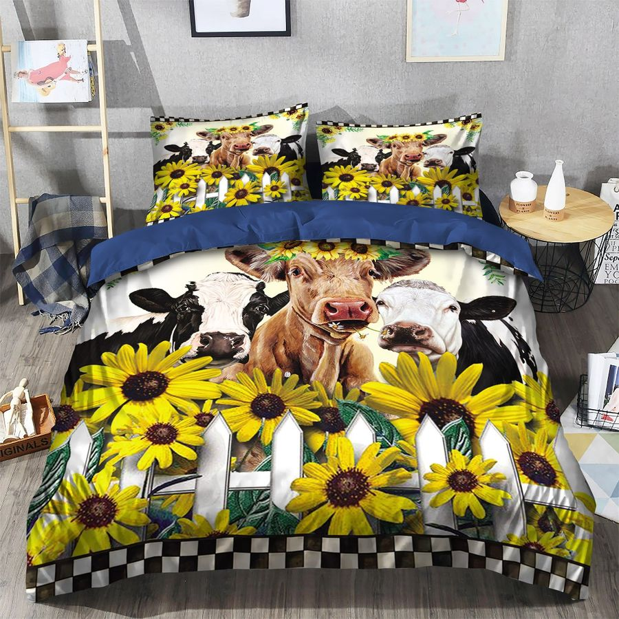 Cow Bedding Set Cow And Sunflower By The Fence Duvet Covers White