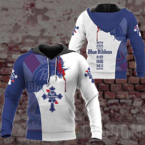 Pabst Blue Ribbon Lover Gift, With Jesus In Her Heart Pabst Blue Ribbon In Her Hand She Is Unstopable All Over Print Hoodie, Zip Hoodie 23