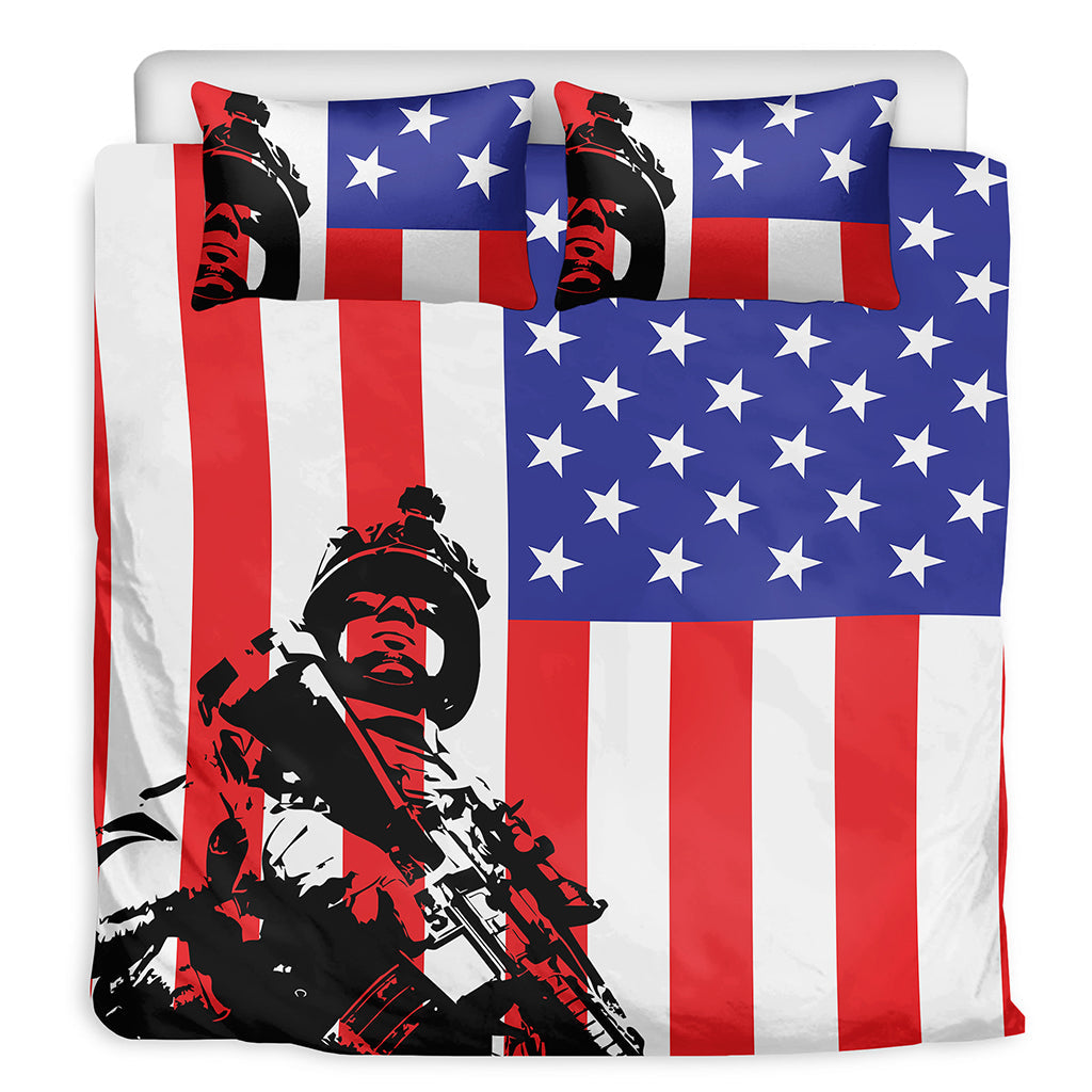 Veteran Bedding Set American Flag Soldier Slhouette Graphic Duvet Covers Blue
