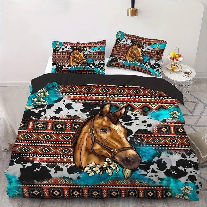 Horse Bedding Set Horse Graphic Bohemian Leopard Pattern Duvet Covers