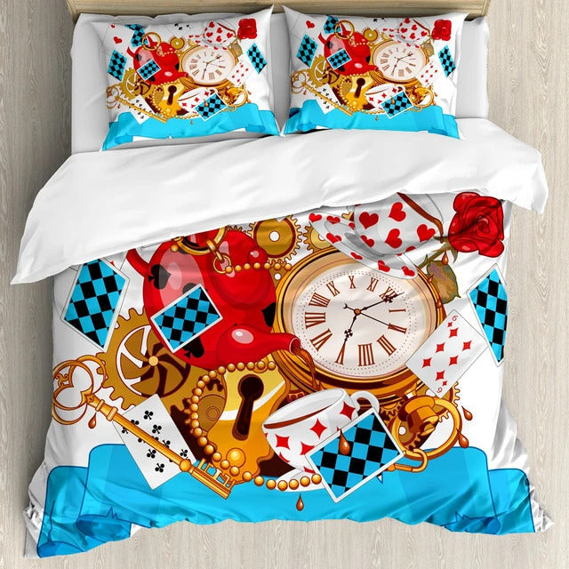 Alice In Wonderland Bedding Set Cards Keys CLock Items Pattern Duvet Covers