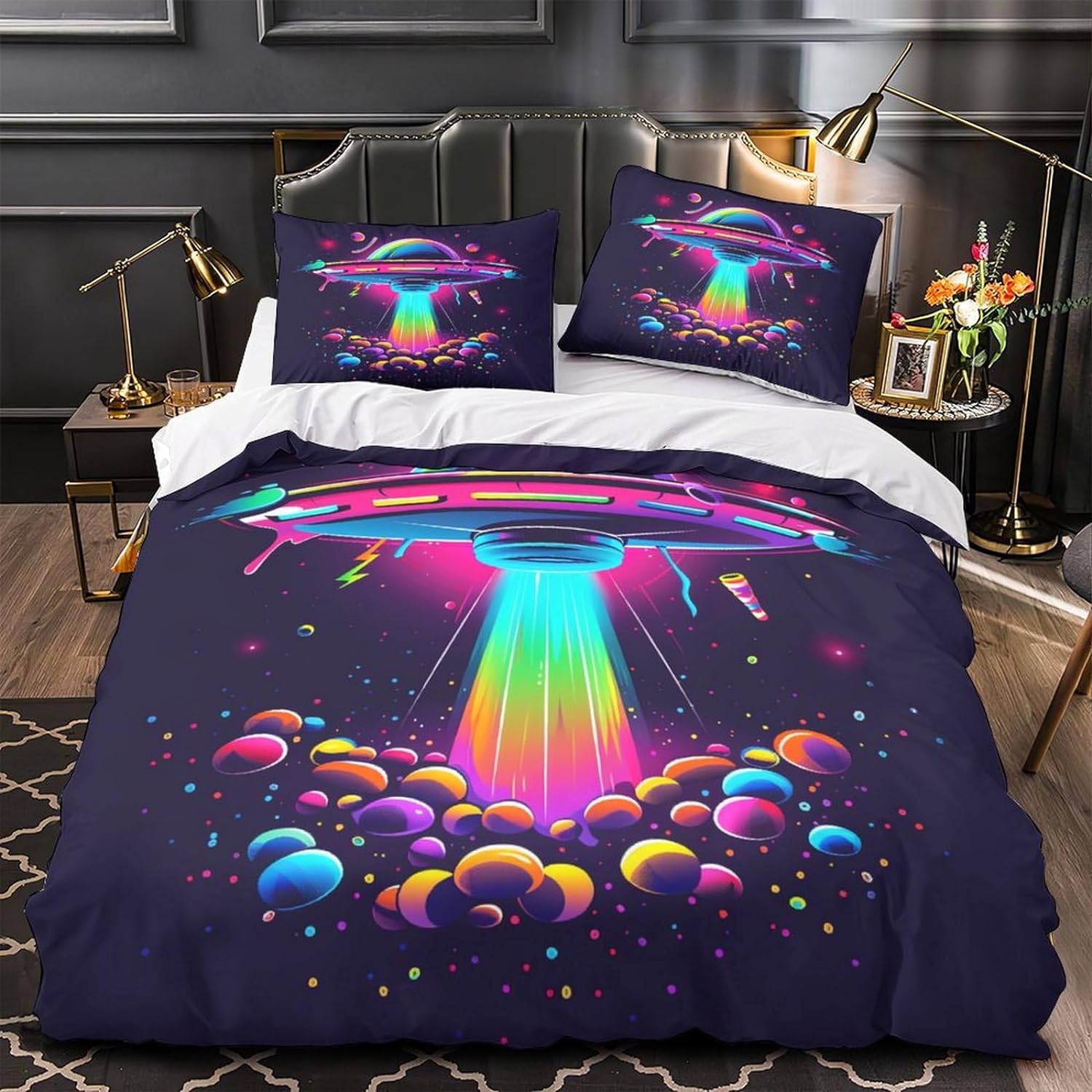 UFO Bedding Set UFO Flies In Space Neon Light Duvet Covers