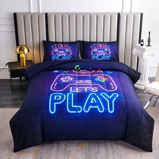 Game Bedding Set Let's Play Game Console Neon Light Duvet Covers