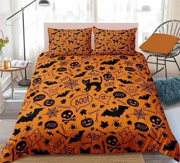 Halloween Bedding Set Halloween Cute Skulls Pumpkins Bats Pattern Duvet Covers Orange