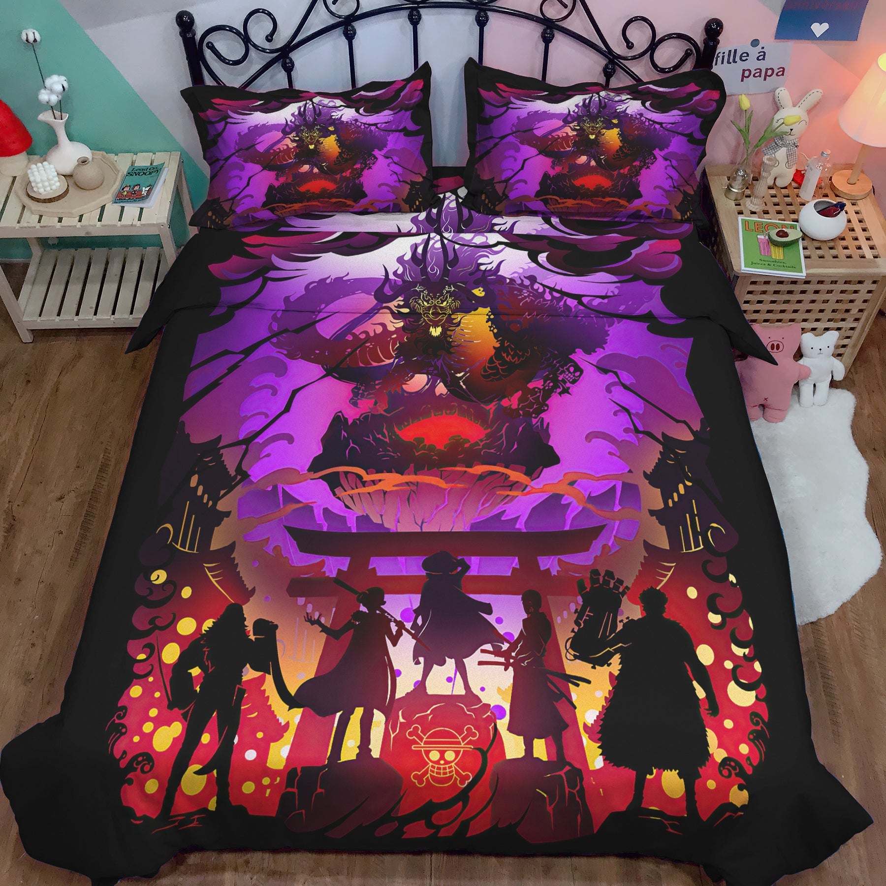One Piece Bedding Set Straw Hat Team Fighta Dragon Duvet Covers Black