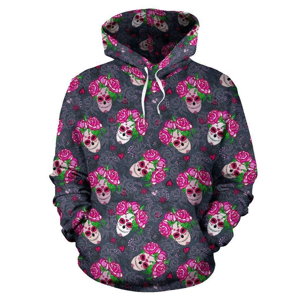 Sugar Skull Pink Rose Themed Print 3D All Over Print Hoodie & Zip Hoodie