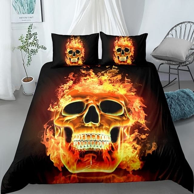 Skull Bedding Set Flaming Fire Skull Graphic Duvet Covers Black