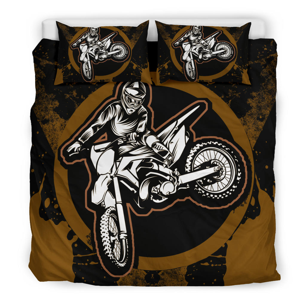 Motorcycle Bedding Set Motocross Biker Silhouette Pattern Duvet Covers Black