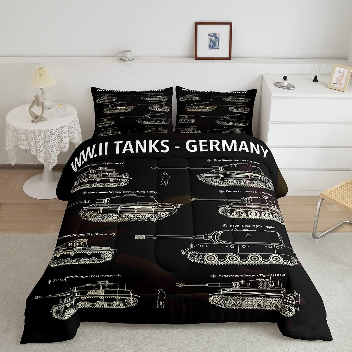 Veteran Bedding Set Army Germany Tanks Sketch Pattern Duvet Covers