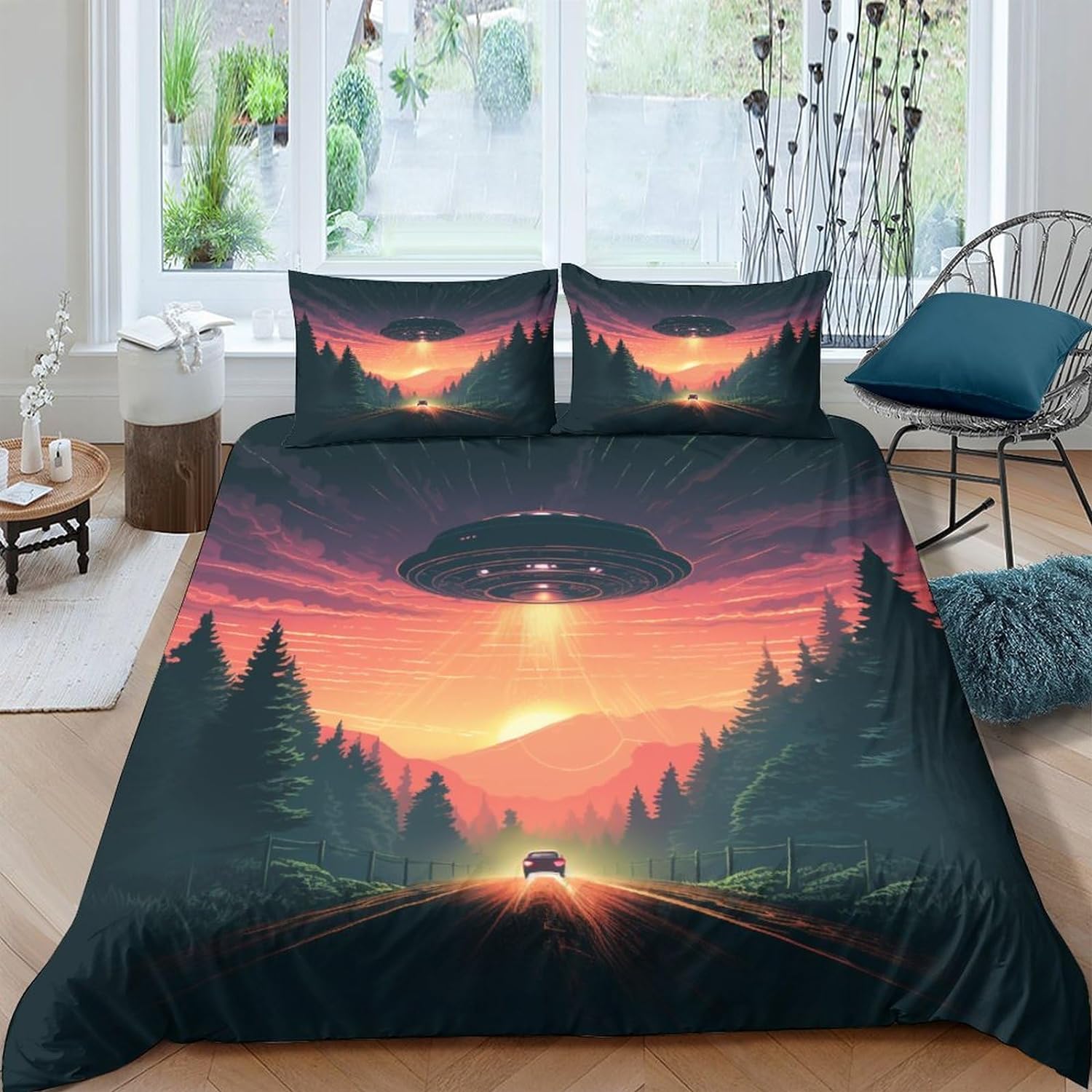 UFO Bedding Set UFO With Car On The Road Duvet Covers Black