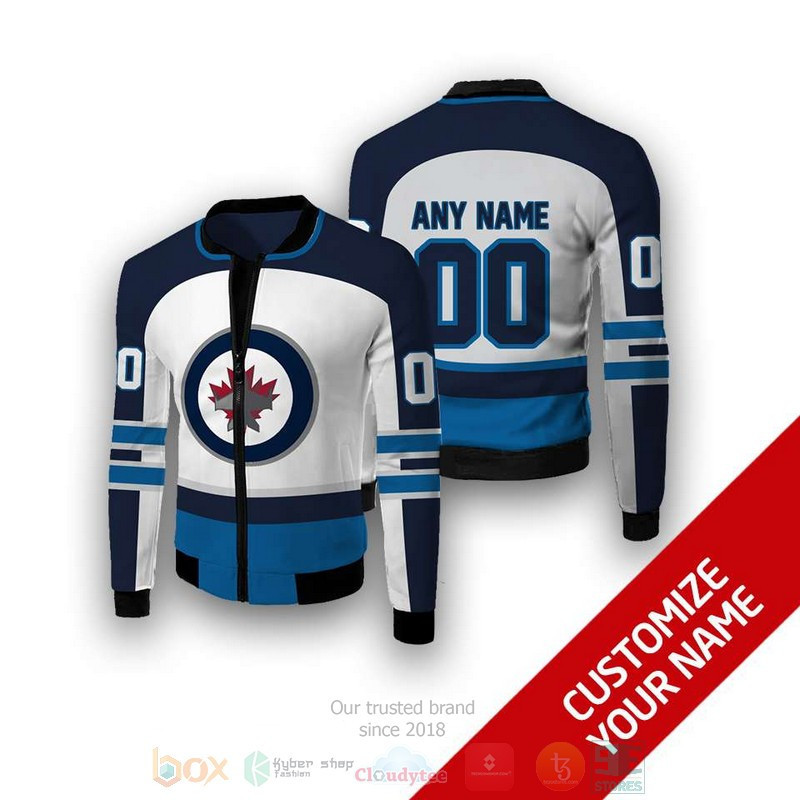 Winnipeg Jets Custom Name Number White Blue Bomber Jacket