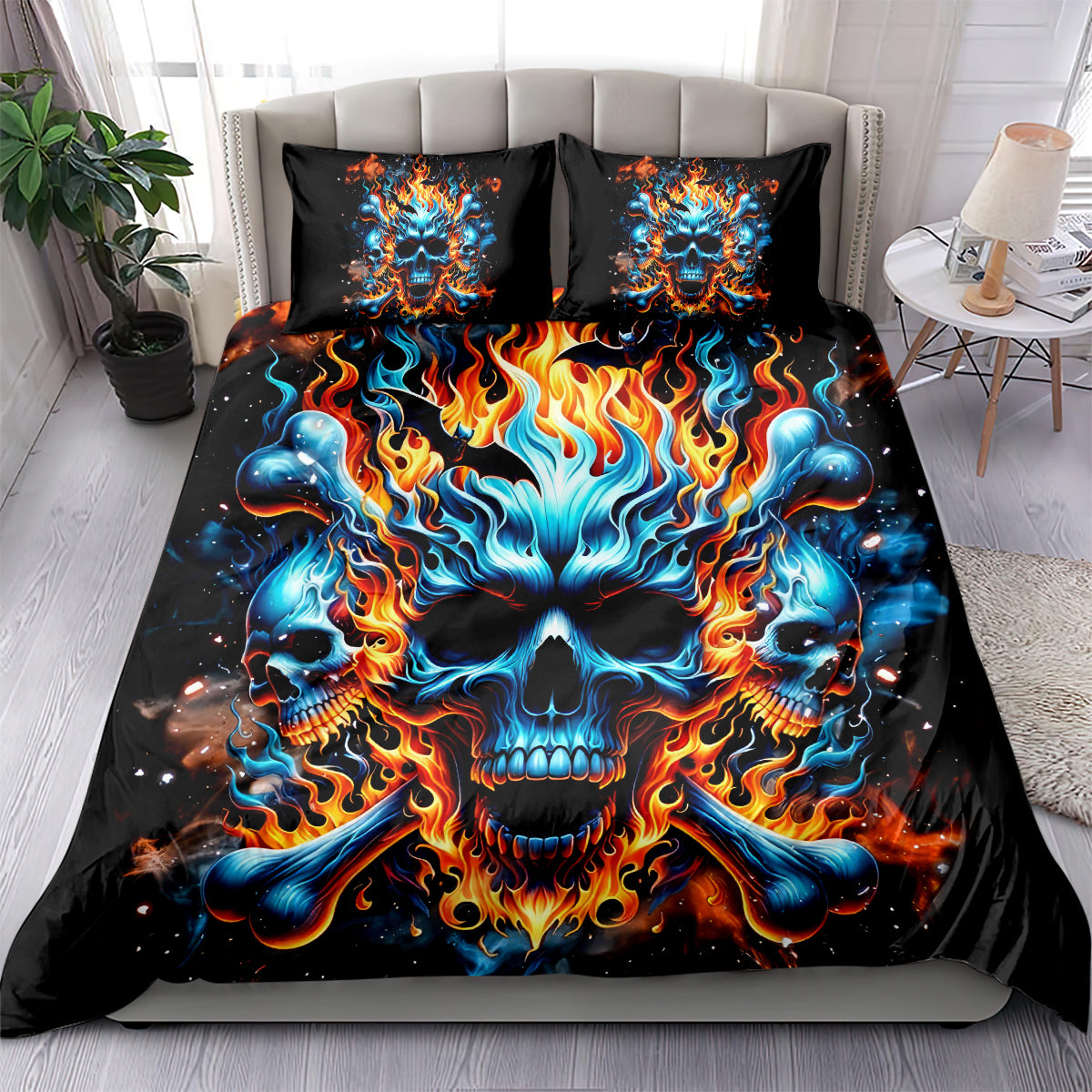 Skull Bedding Set Flaming Skull And Bone Duvet Covers Black