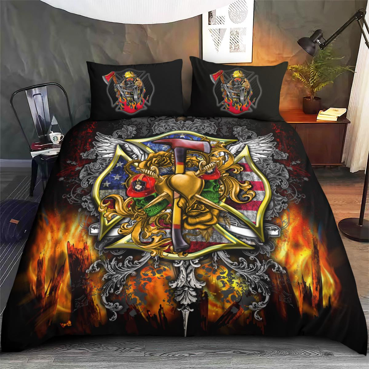 Firefighter Bedding Set Firefighter Items Graphic Duvet Covers Black