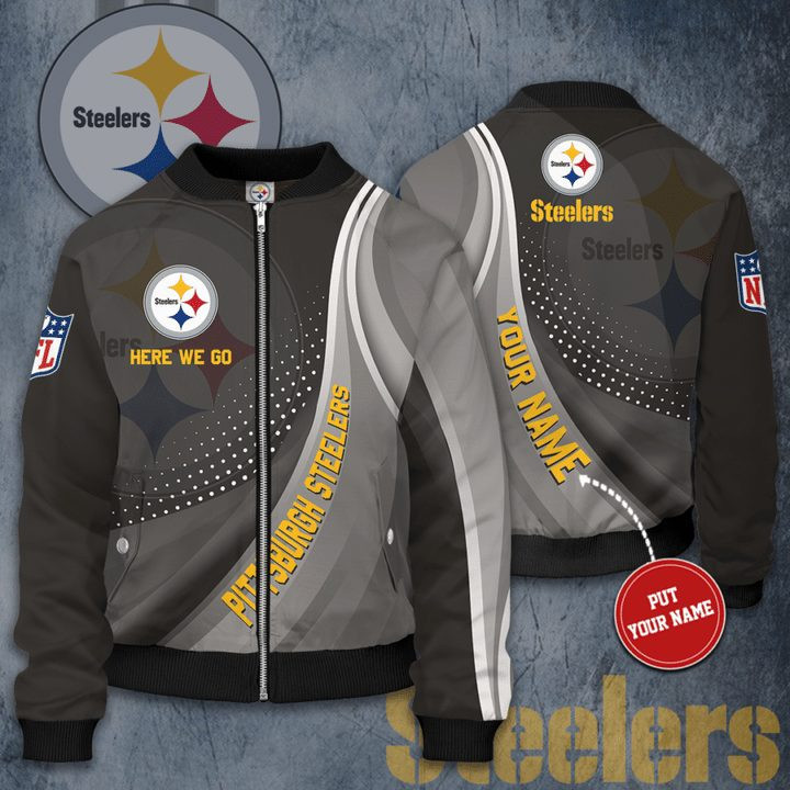 Pittsburgh Steelers Custom Name Grey Here We Go Bomber Jacket
