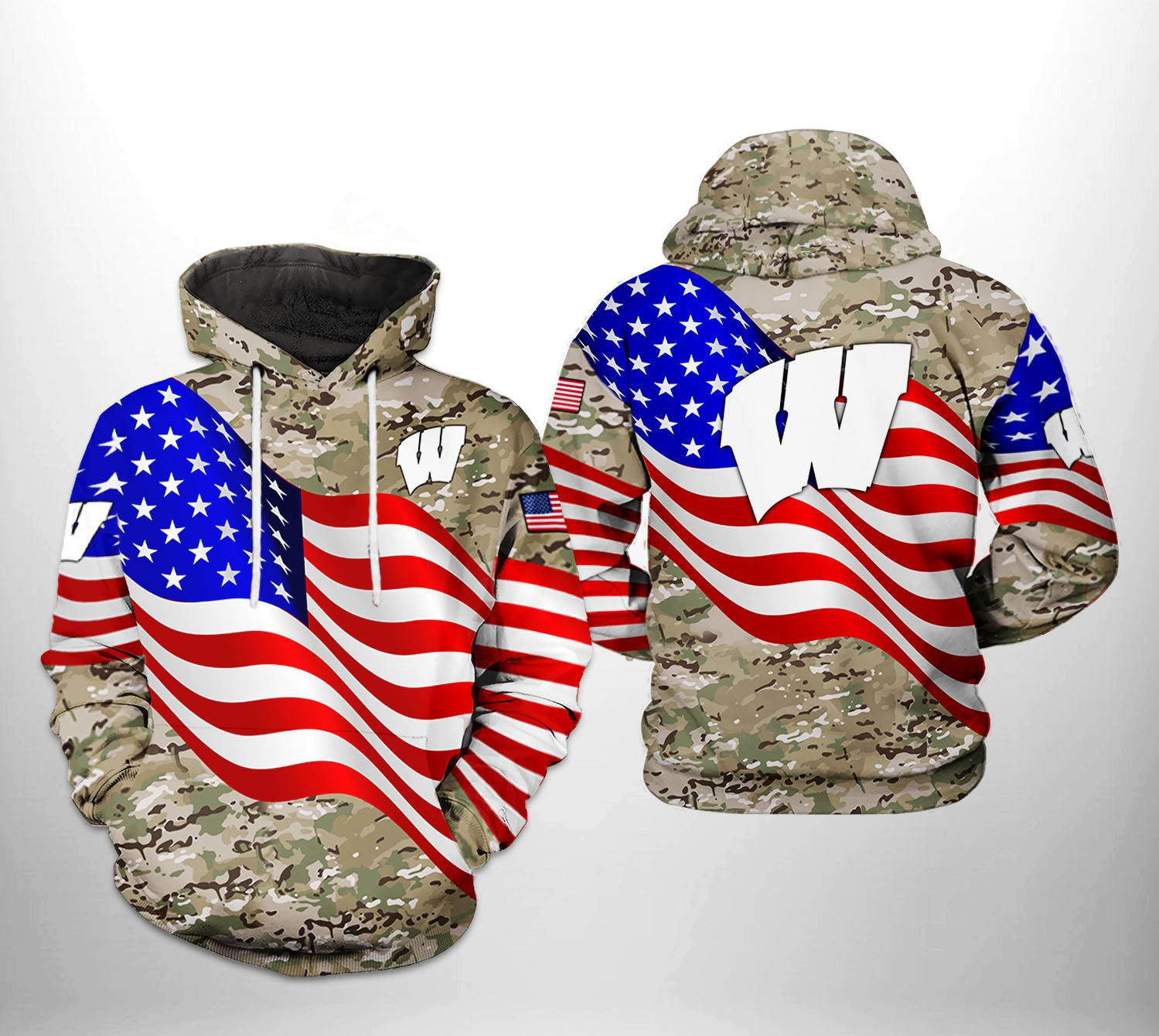 Wisconsin Badgers US Flag Camo Veteran 3D All Over Print Hoodie & Zip Hoodie
