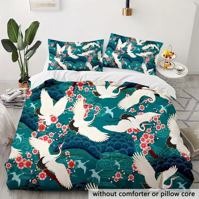 Japan Bedding Set Japanese Vintage Crane And Cherry Blossoms Duvet Covers White