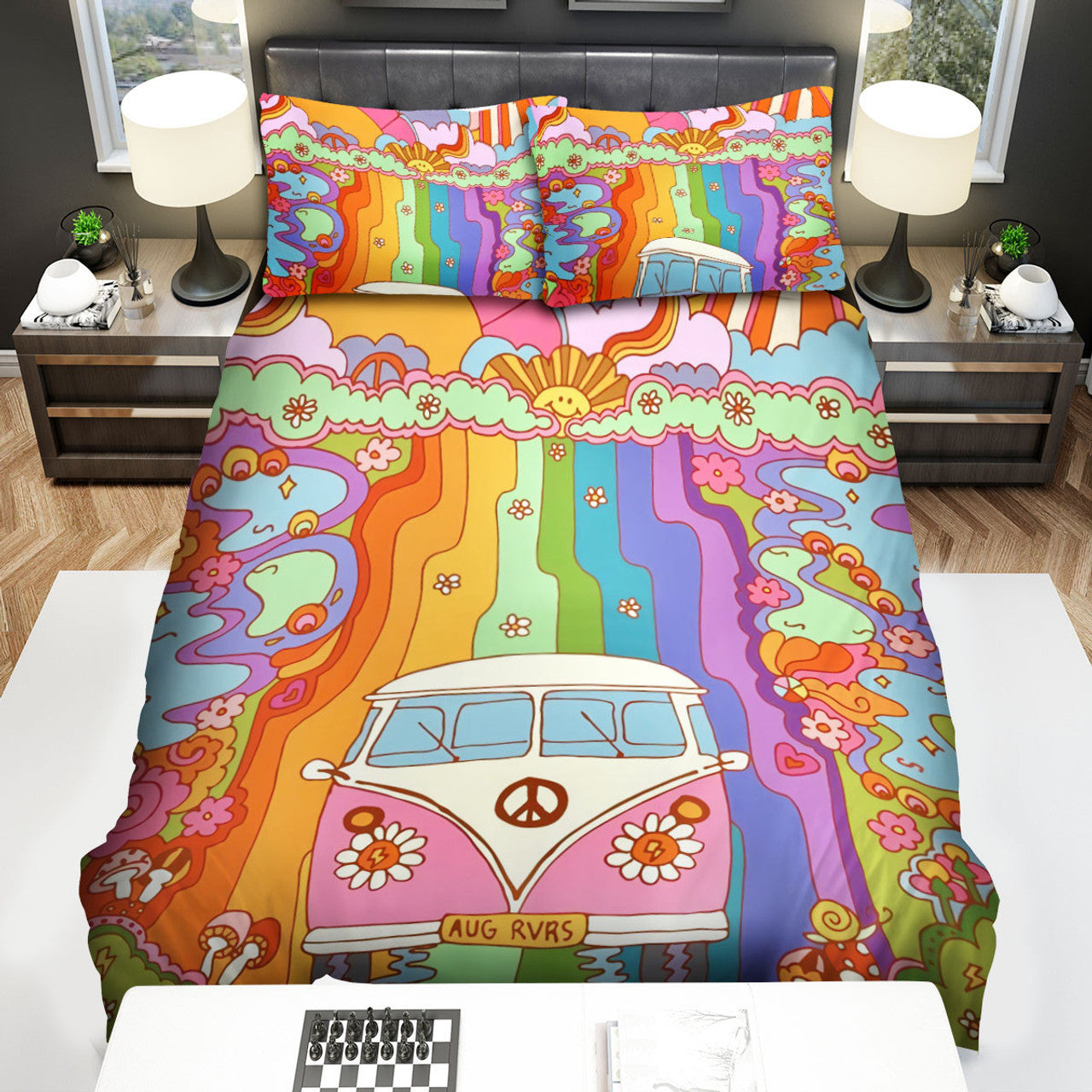 Hippie Bedding Set Hippie Van With Rainbow Road Duvet Covers