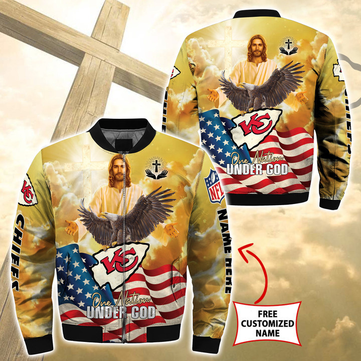 Kansas City Chiefs Custom Name Gold Under God Bomber Jacket