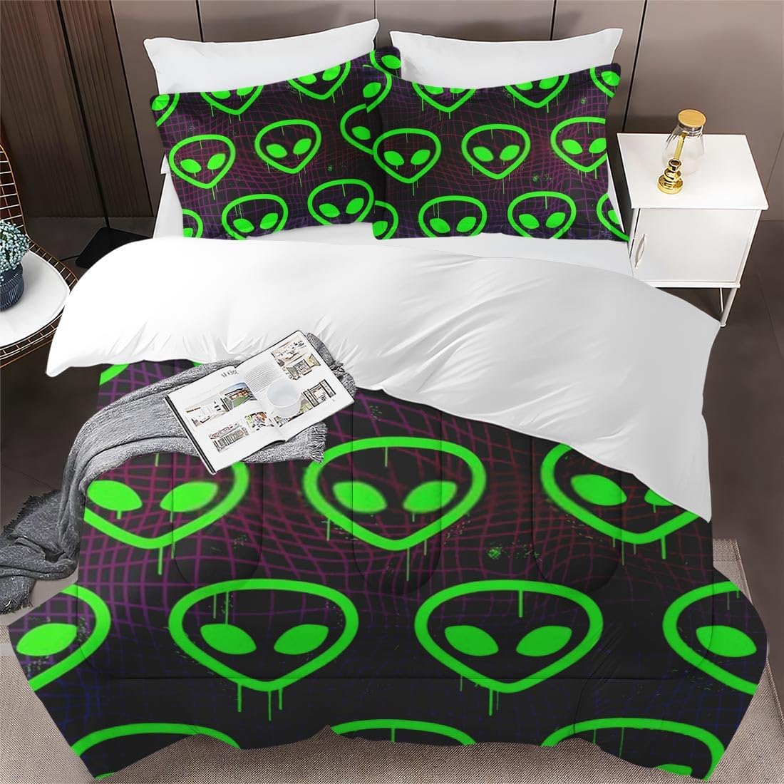 Alien Bedding Set Alien Space Retro Geometric Duvet Covers Black
