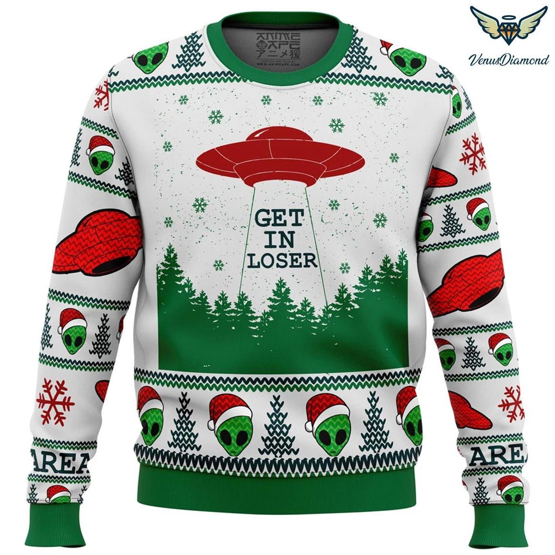 Get In Loser Alien UFO Ugly Christmas Sweater