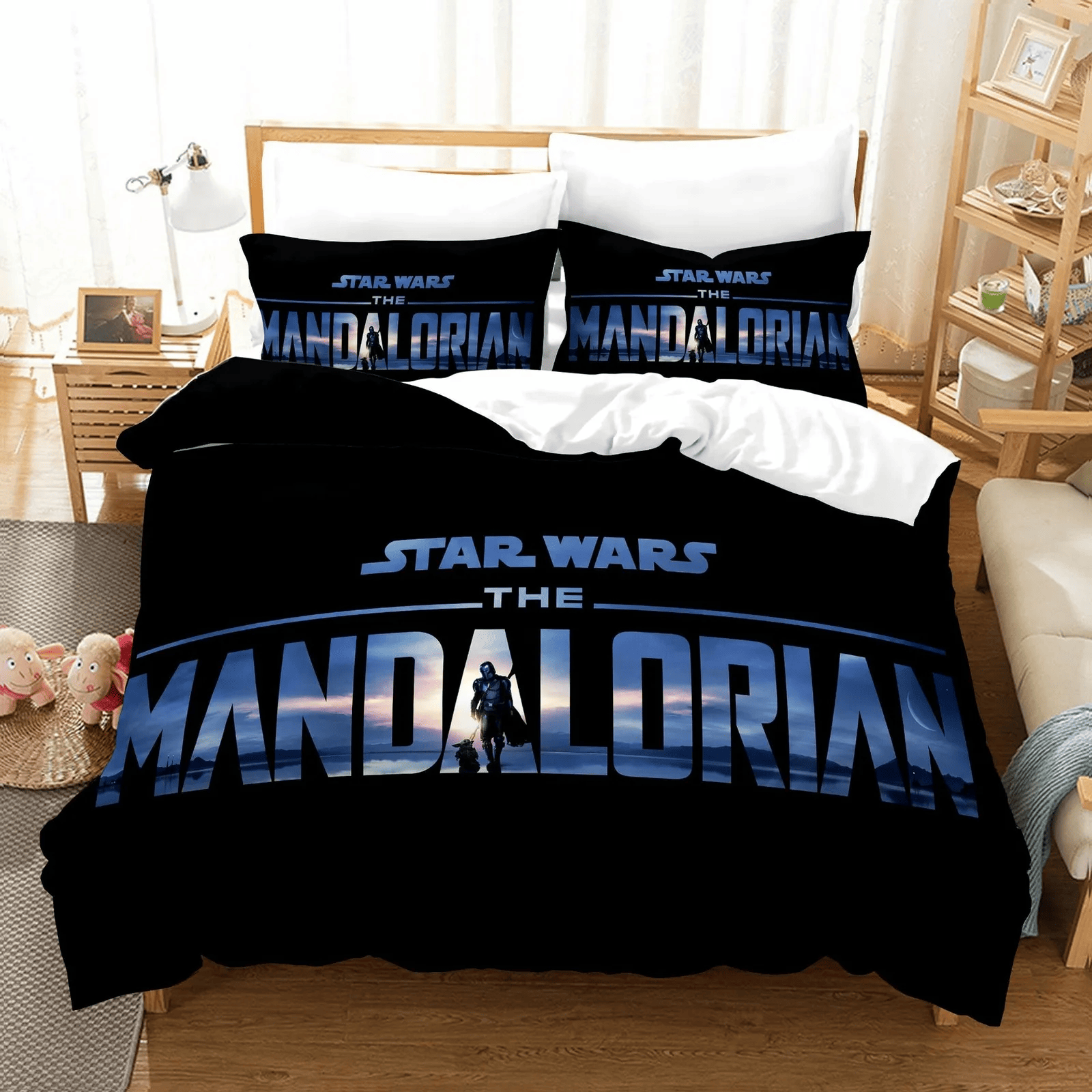 SW Bedding Set SW Mandalorian Bady Yoda Graphic Duvet Covers Black