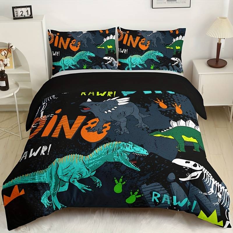 Dinosaur Bedding Set Dino Rawr Fossil Graphic Pattern Duvet Covers Black