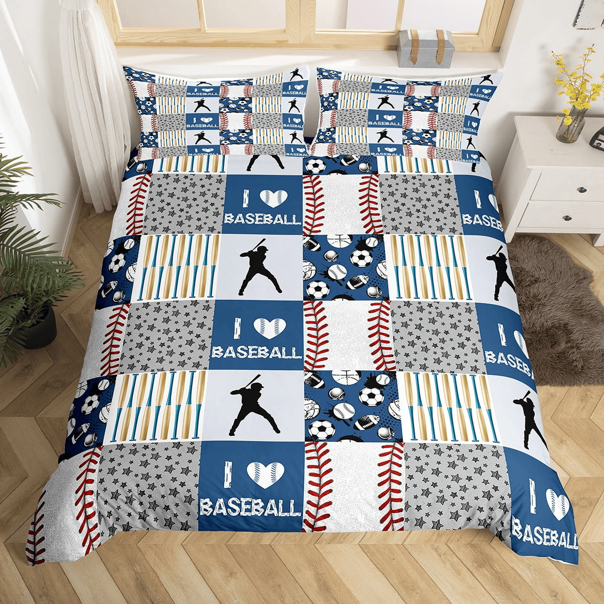 Baseball Bedding Set I Love Baseball Bat Star Pattern Duvet Covers Blue