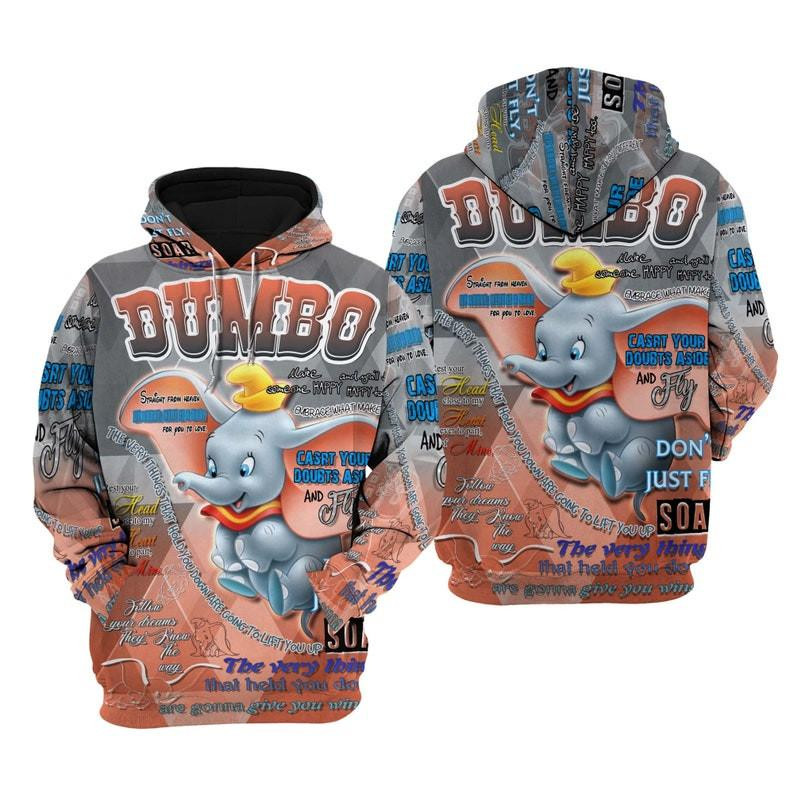 The Flying Elephant Cartoon, Quotes, Dumbo Elephant Punk Words Pattern All Over Print Hoodie, Zip Hoodie