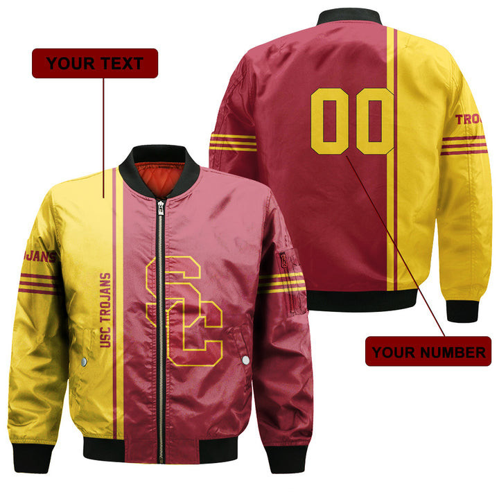 USC Trojans Custom Name Number Cardinal Gold Bomber Jacket V6