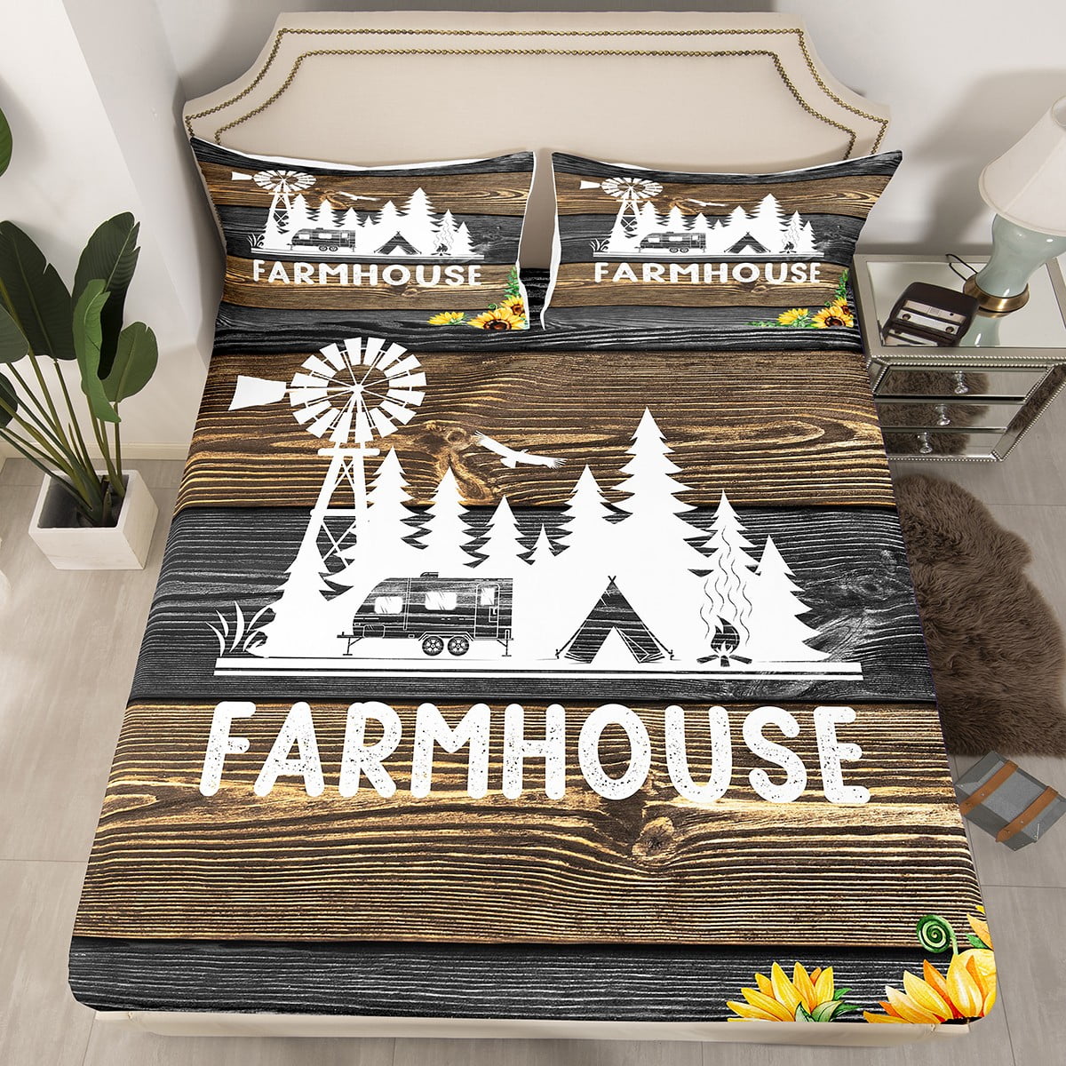 Camping Bedding Set Old Barn Door Farmhouse Wood Pattern Duvet Covers Brown