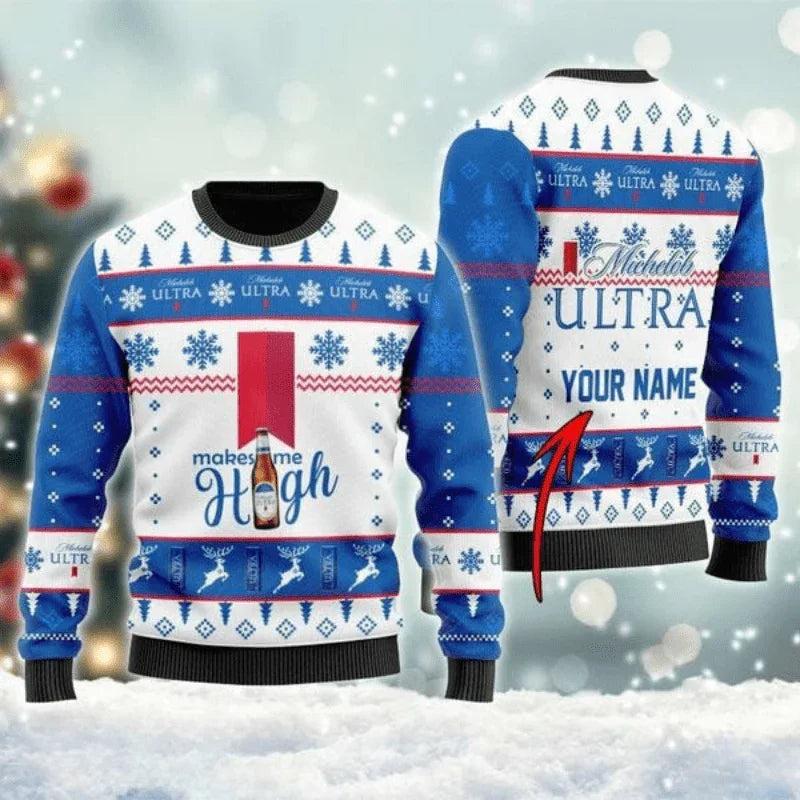 Personalized Michelob Ultra Make Me High Ugly Christmas Sweater