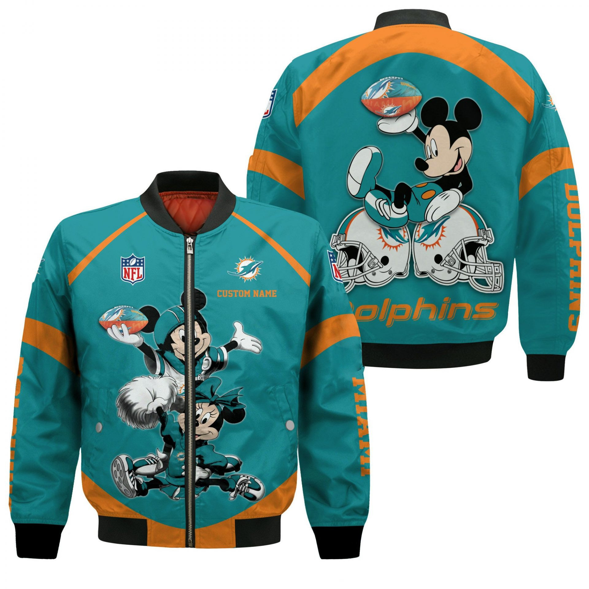 Miami Dolphins Custom Name Mickey Mouse Aqua Bomber Jacket