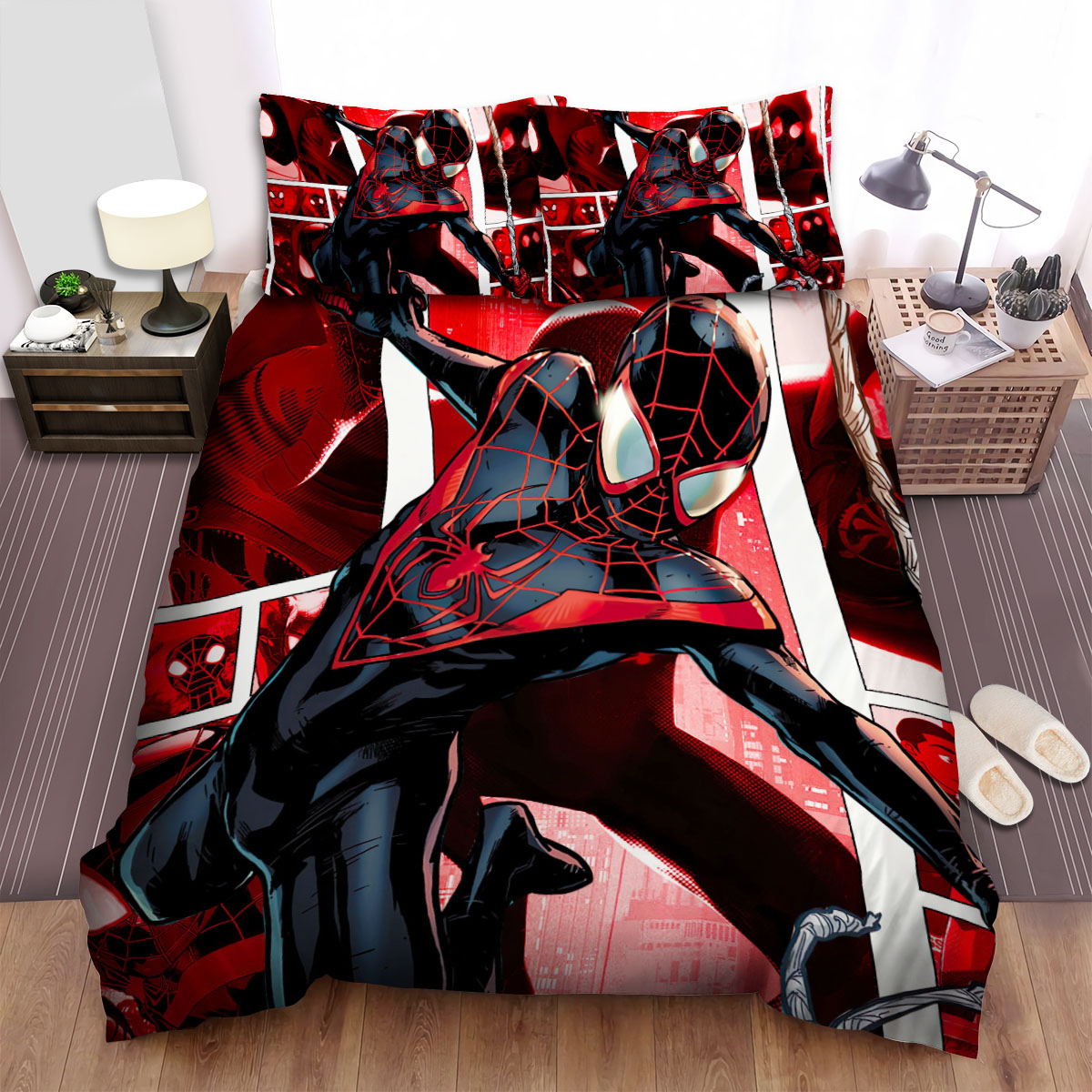 Spiderman Bedding Set MV Miles Morales Spiderman Comic Art Duvet Covers Black