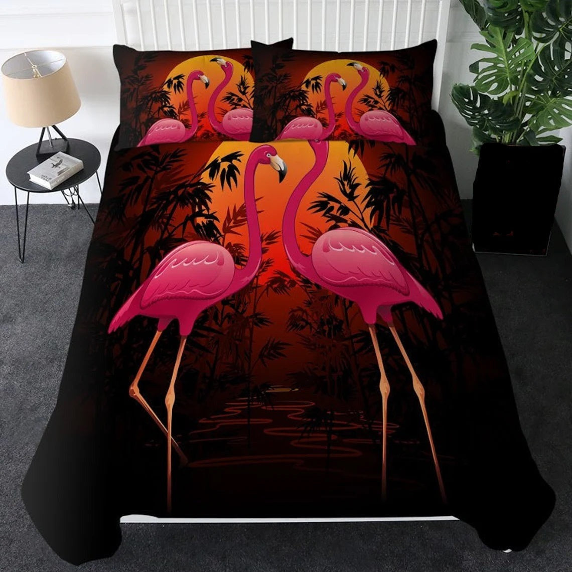 Flamingo Bedding Set Sunset Flamingo Bamboo Plant Duvet Covers Pink